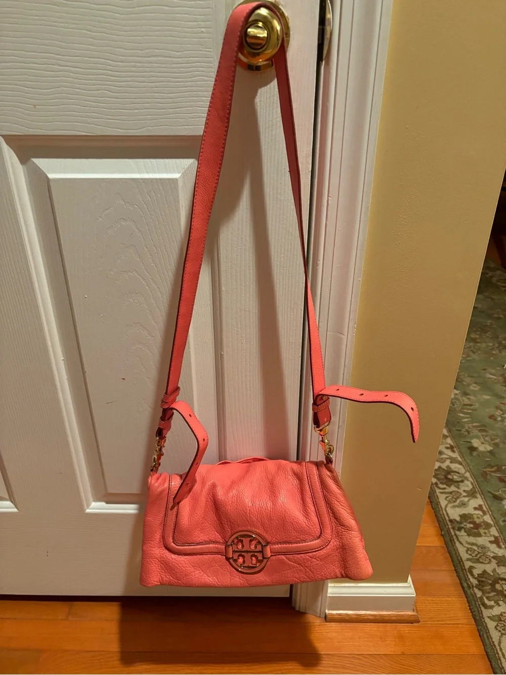 Tory Burch Coral Pink Leather Shoulder Bag with Logo Accent and Adjustable Strap